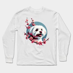 Joyful Maltese Embraced by Spring Cherry Blossoms Long Sleeve T-Shirt